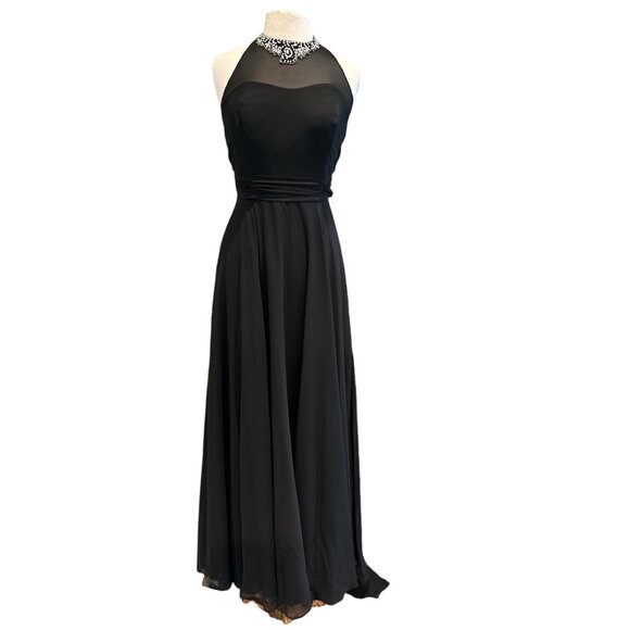 Alfred Angelo Black Halter Neck Evening Gown With Embellished Neckline & Flowing - Picture 1 of 8